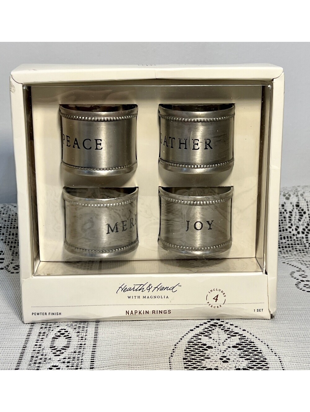 4 Hearth and Hand Magnolia Napkin Rings Pewter - Christmas. Brand New In Box